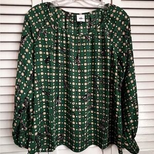 CAbi Forest Green Floral-Print Long Sleeve Blouse